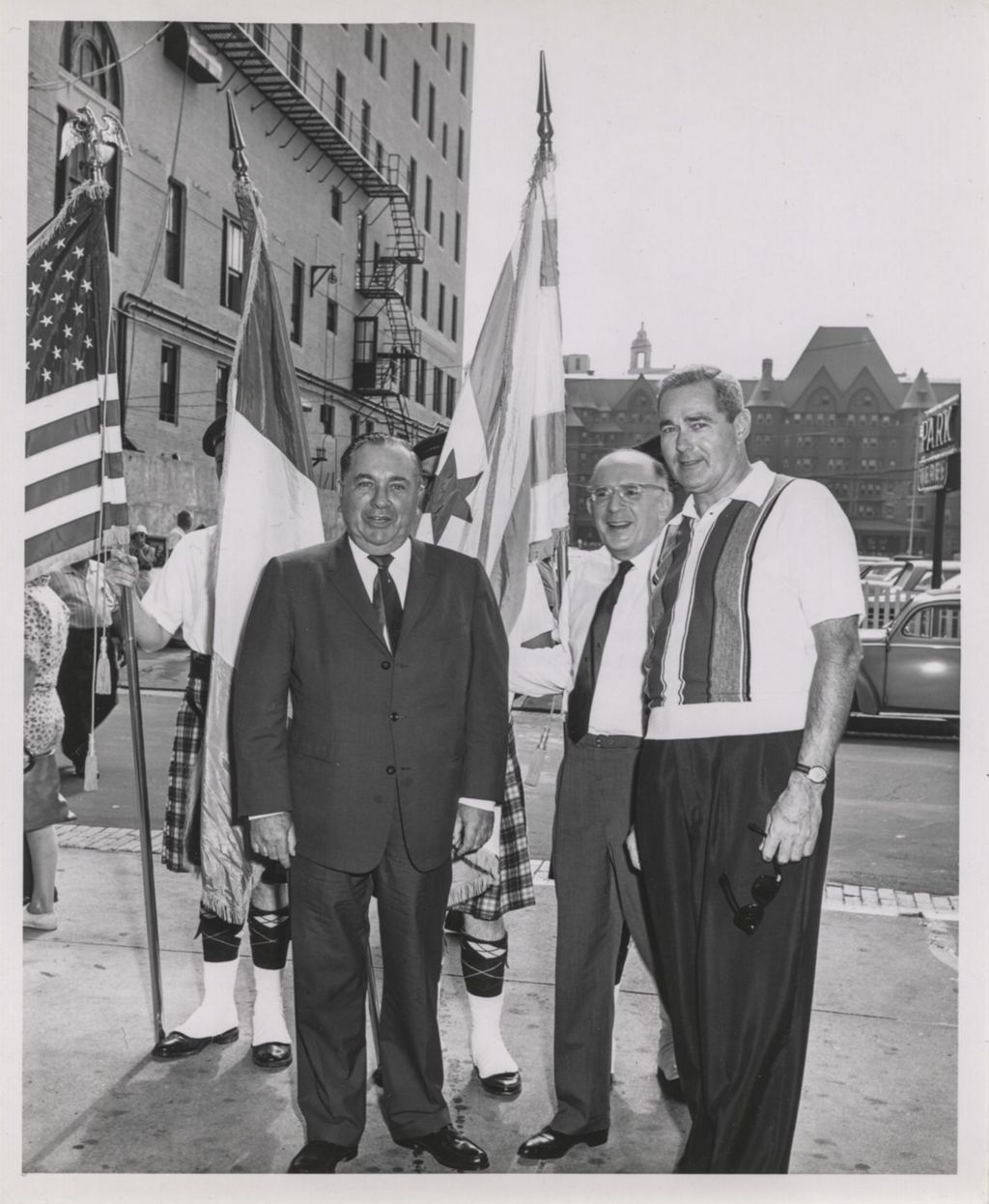 Miniature of Richard J. Daley and two men standing outside