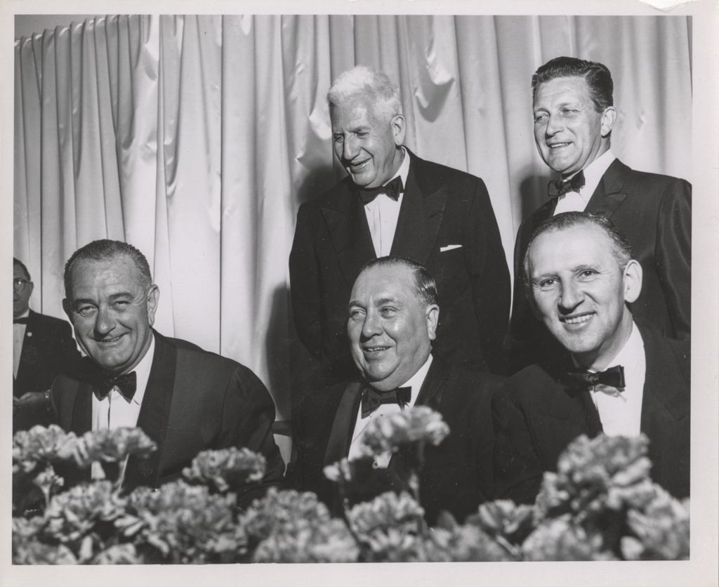 Lyndon B. Johnson, Richard J. Daley, Sidney Yates, Paul Douglas, and Otto Kerner at banquet