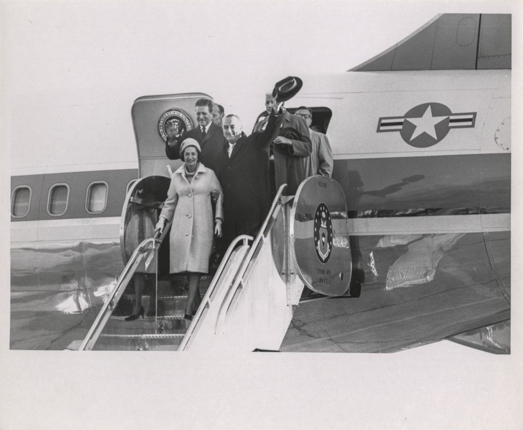 Miniature of Lady Bird Johnson, Lyndon B. Johnson, Otto Kerner and others exit presidential plane