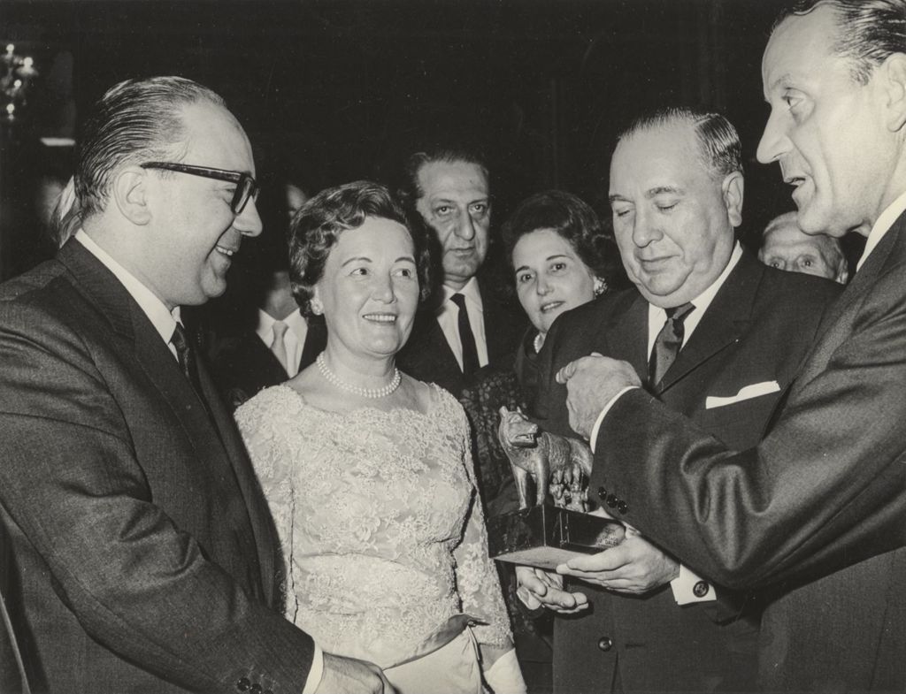 Miniature of Richard J. Daley and Eleanor Daley receive gift at a reception in Rome