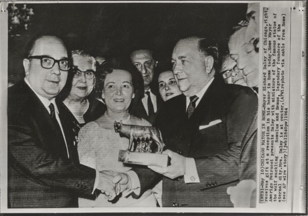Miniature of Richard J. Daley and Eleanor Daley receive gift at reception in Rome