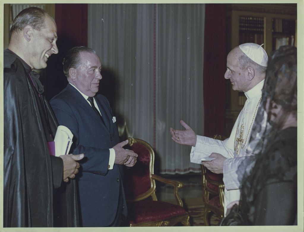 Miniature of Monsignor Paul Marcinkus, Richard J. and Eleanor Daley in audience with Pope Paul VI