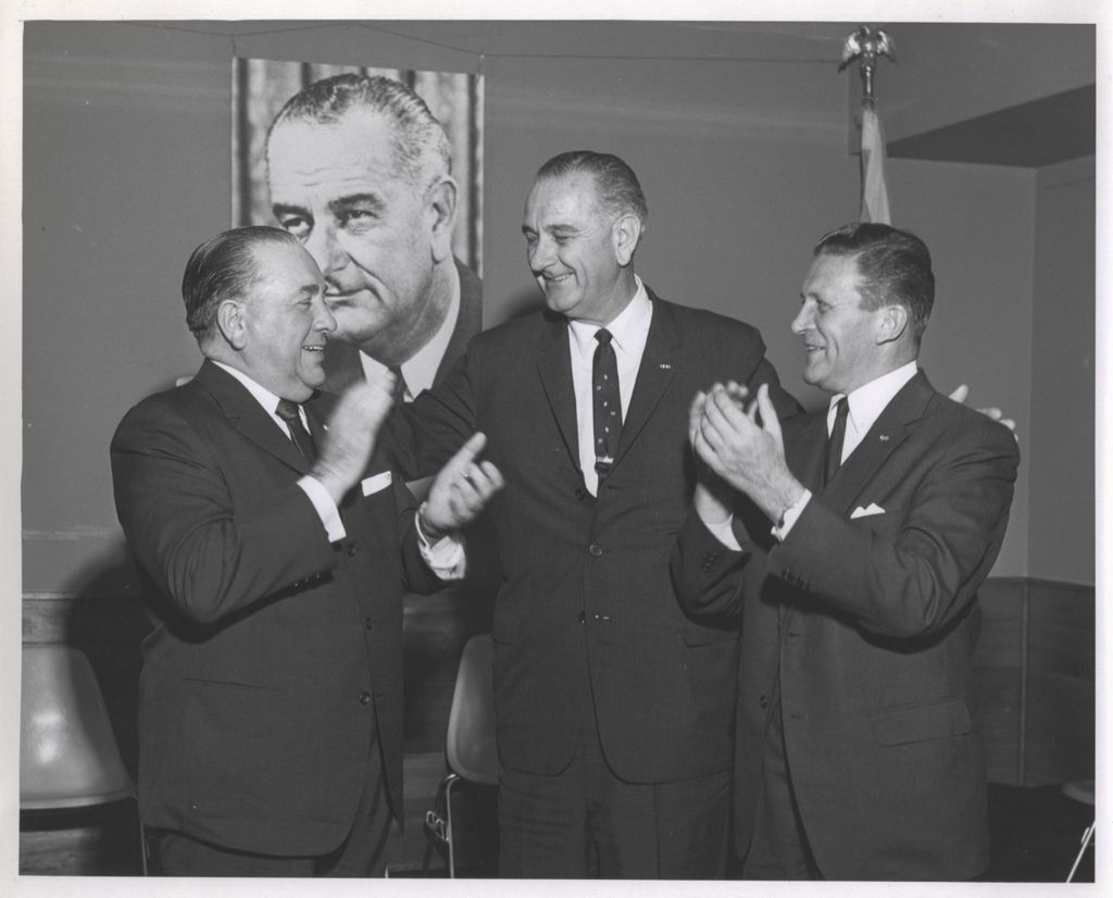 Miniature of Richard J. Daley and Otto Kerner applauding Lyndon B. Johnson
