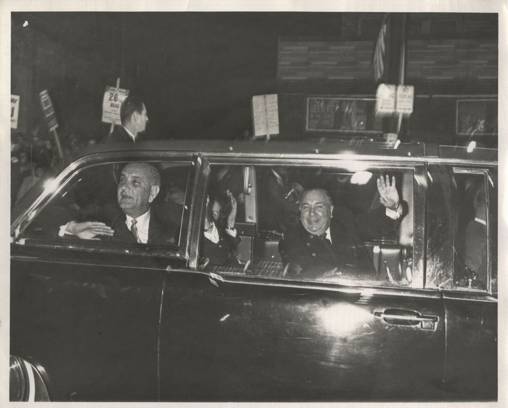 Miniature of Lyndon B. Johnson and Richard J. Daley riding in a motorcade