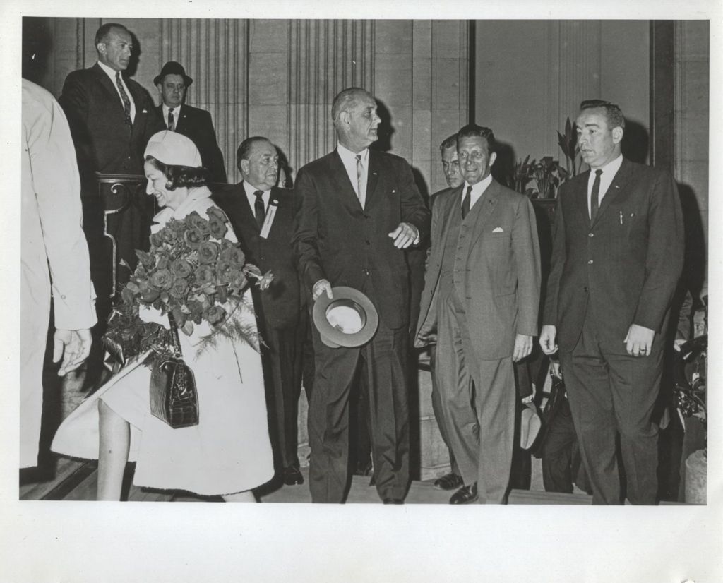 Lady Bird Johnson, Richard J. Daley, Lyndon B. Johnson and Otto Kerner at a reception