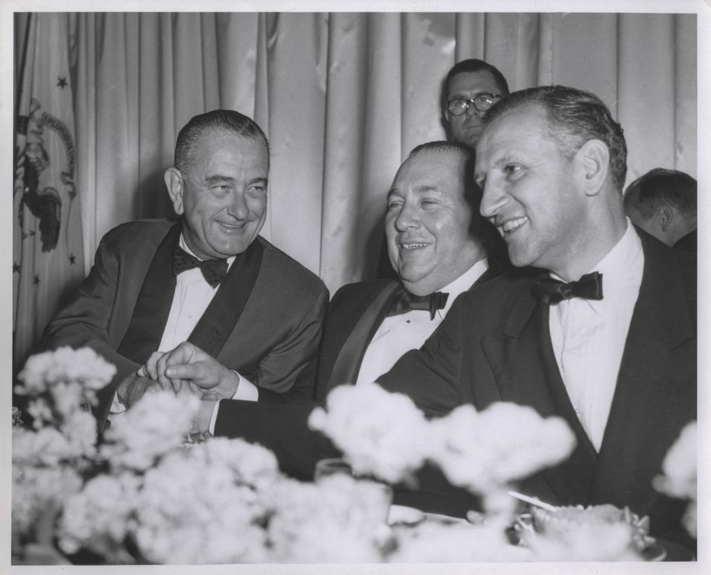Lyndon B. Johnson, Richard J. Daley, and Sidney Yates at a banquet