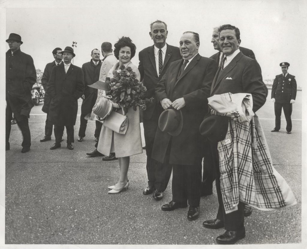 Miniature of Richard J. Daley and Otto Kerner welcome Lyndon B. and Lady Bird Johnson