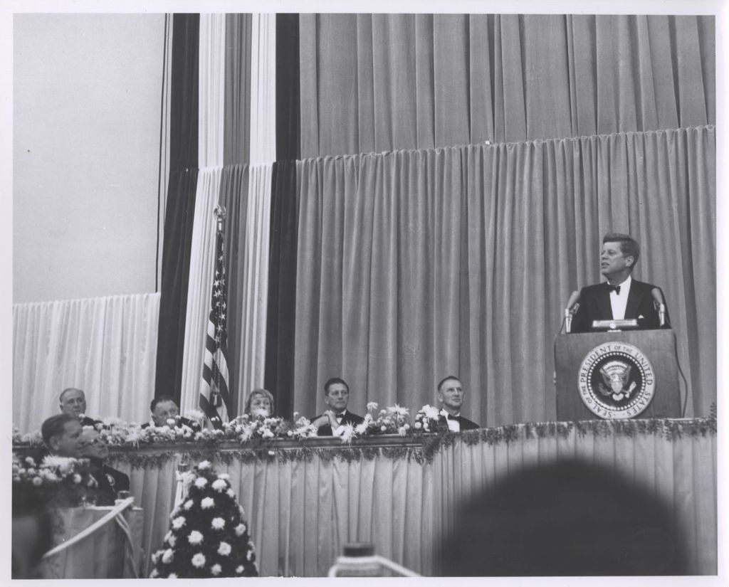 John F. Kennedy speaking at a 1962 Democratic Party dinner in Chicago