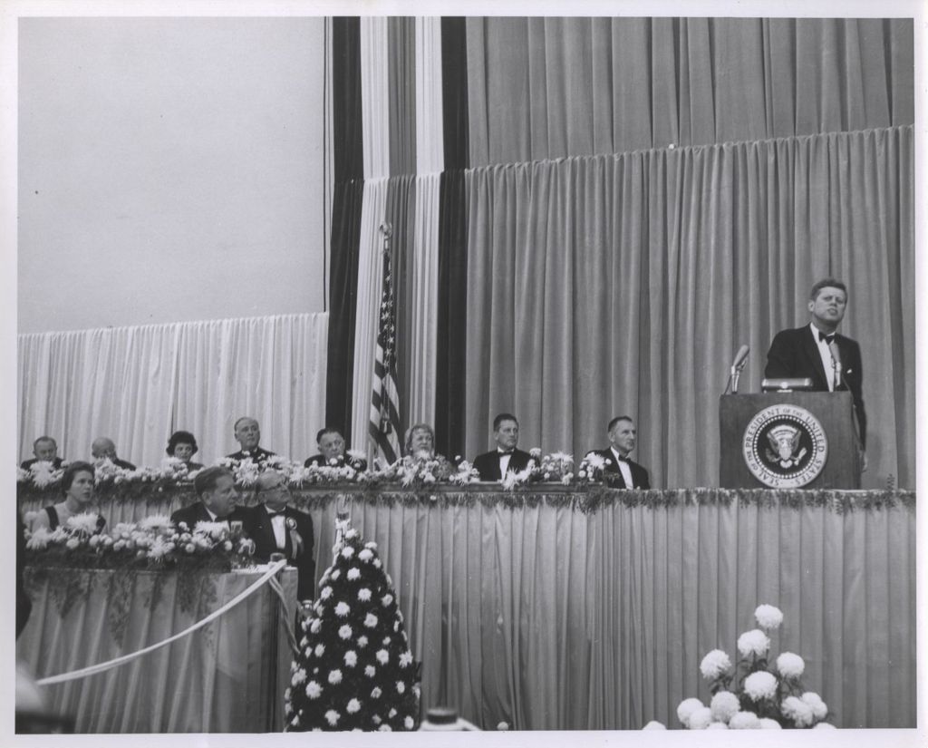 Miniature of John F. Kennedy speaking at a 1962 Democratic Party dinner in Chicago