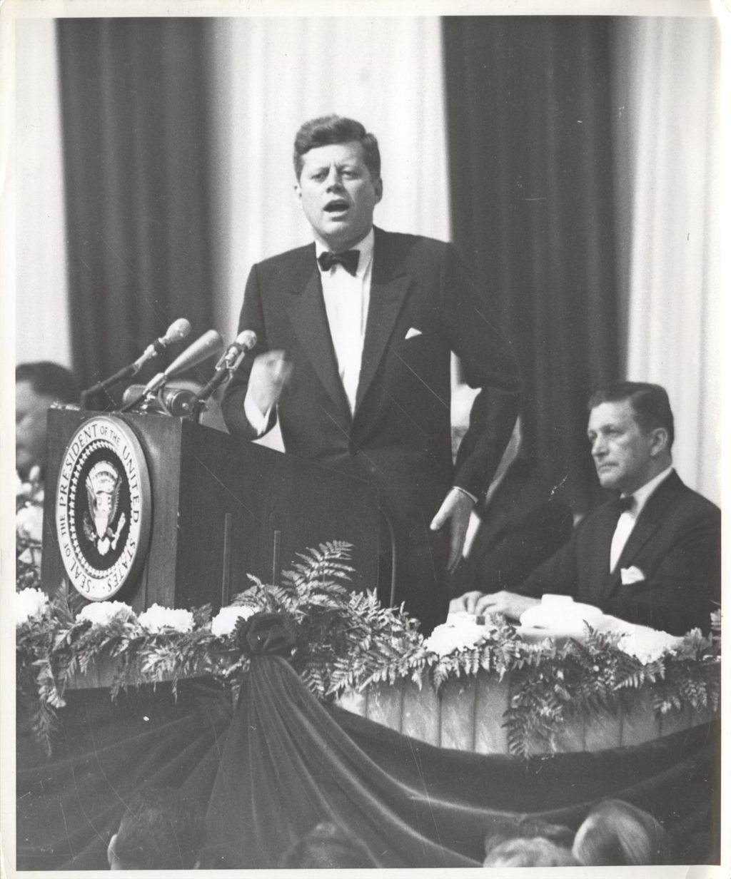 Miniature of President John F. Kennedy speaking at Democratic fundraising dinner