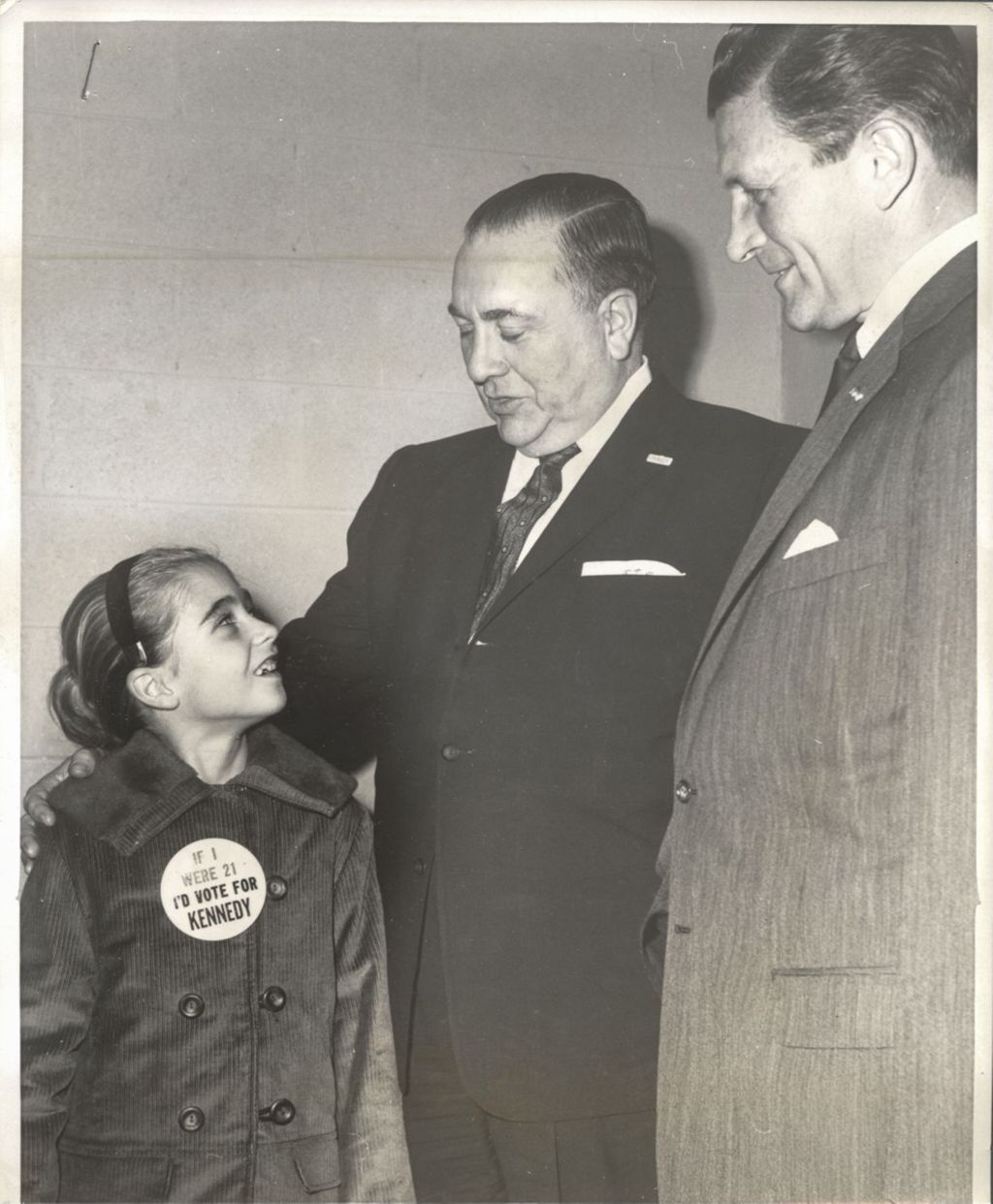 Miniature of Richard J. Daley with young girl wearing button supporting Kennedy