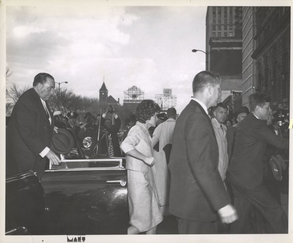 Miniature of John F. Kennedy entering the Conrad Hilton Hotel