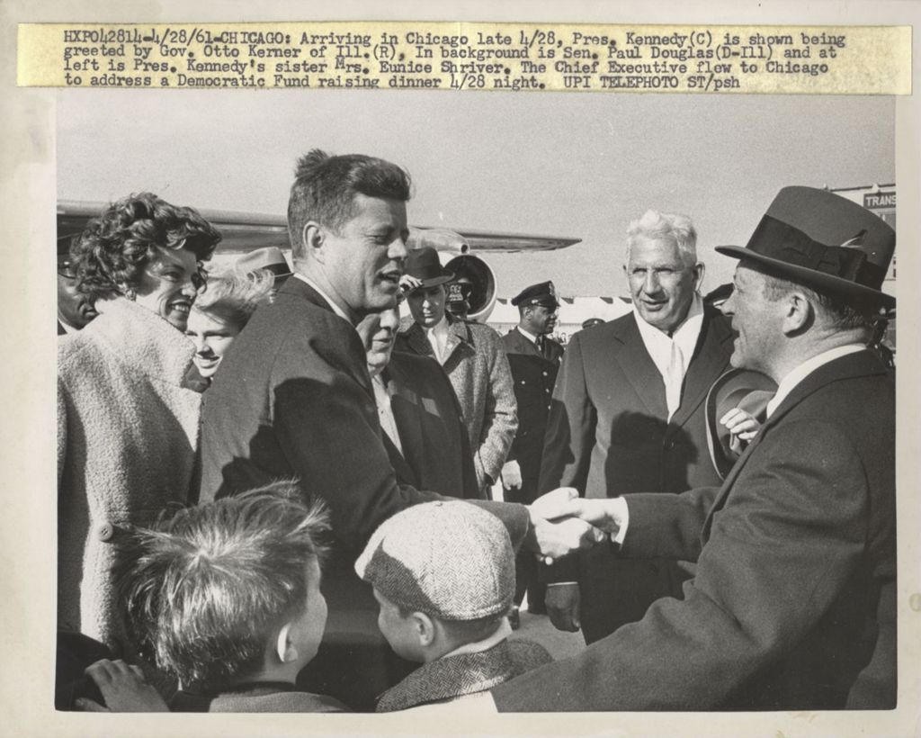 Miniature of John F. Kennedy being greeted by Governor Otto Kerner