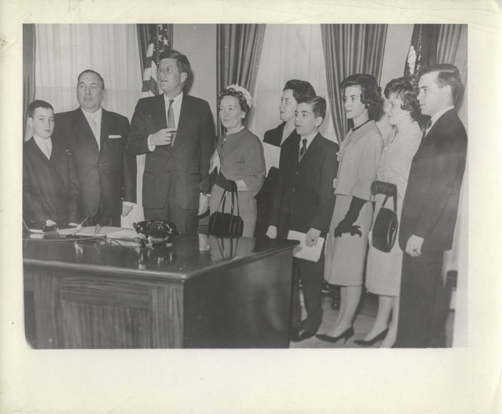 Miniature of Richard J. Daley and family visiting President John F. Kennedy at the White House