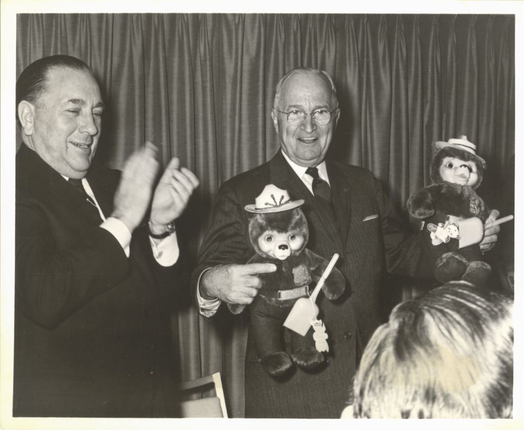 Miniature of Richard J. Daley presents former President Harry S. Truman with Smokey the Bear stuffed toys