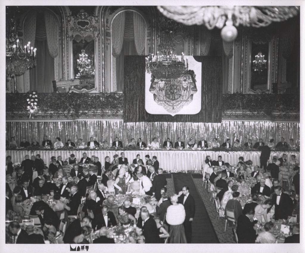 Miniature of Head table and attendees at a state dinner for King Frederik IX and Queen Ingrid of Denmark