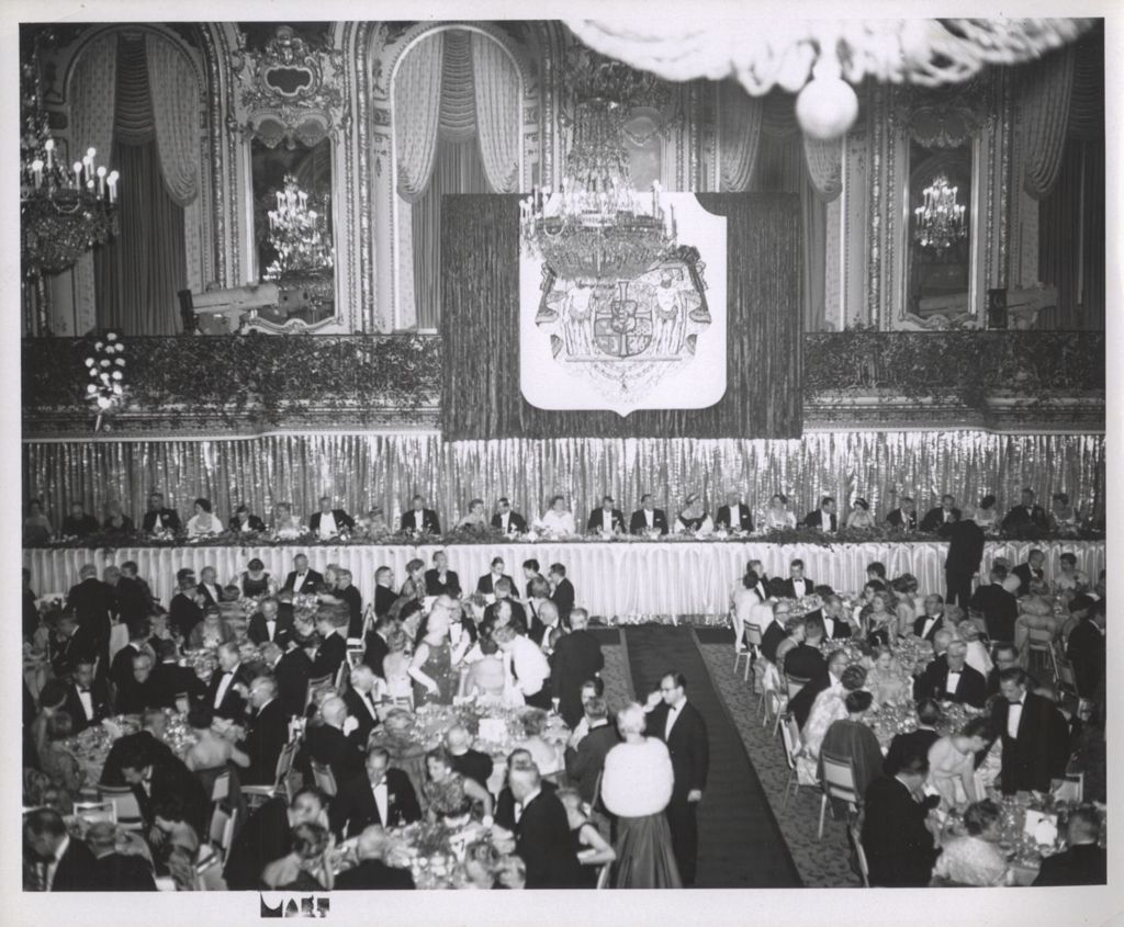 Head table and attendees at a state dinner for King Frederik IX and Queen Ingrid of Denmark