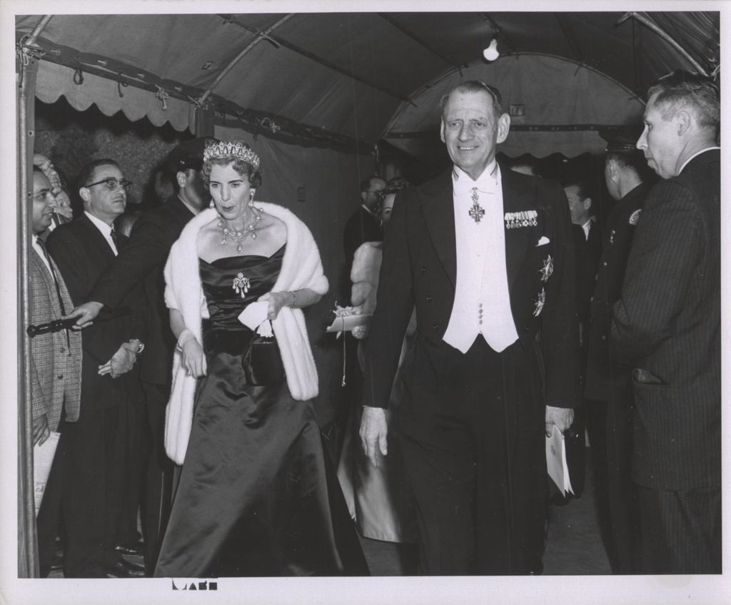 Queen Ingrid and King Frederik IX of Denmark entering the Conrad Hilton Hotel