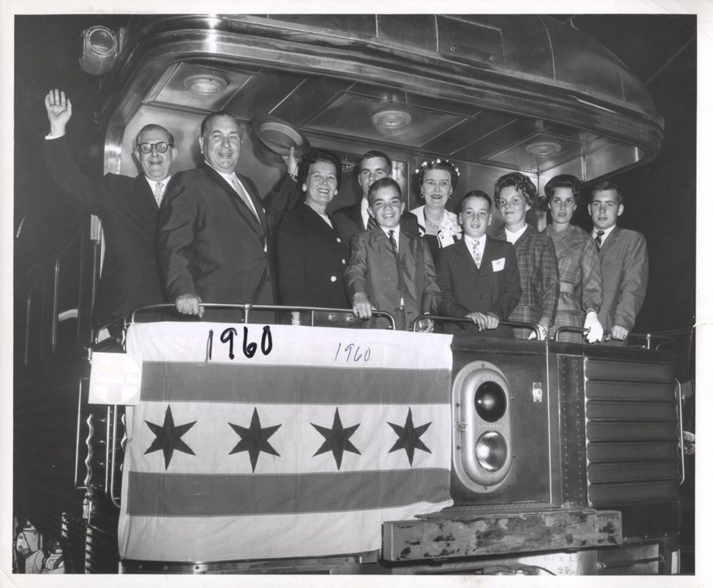 Stephen Bailey and the Daley family on back of train to 1960 Democratic Convention