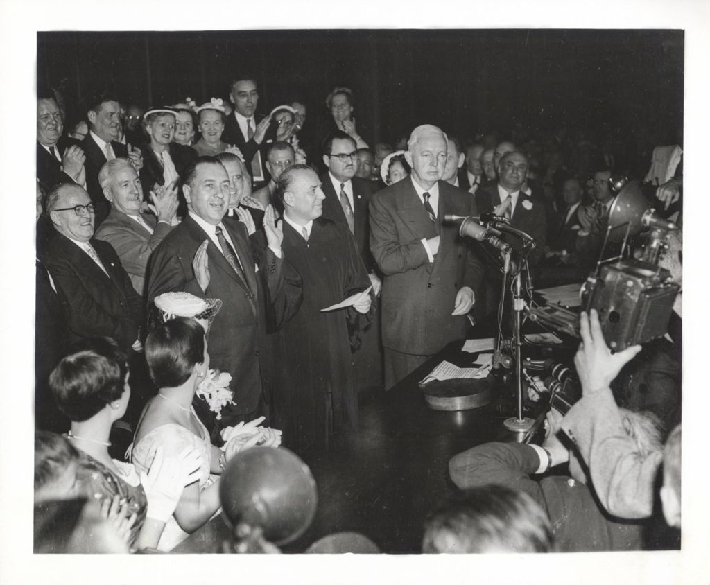 Miniature of Richard J. Daley being sworn in as mayor for the first time
