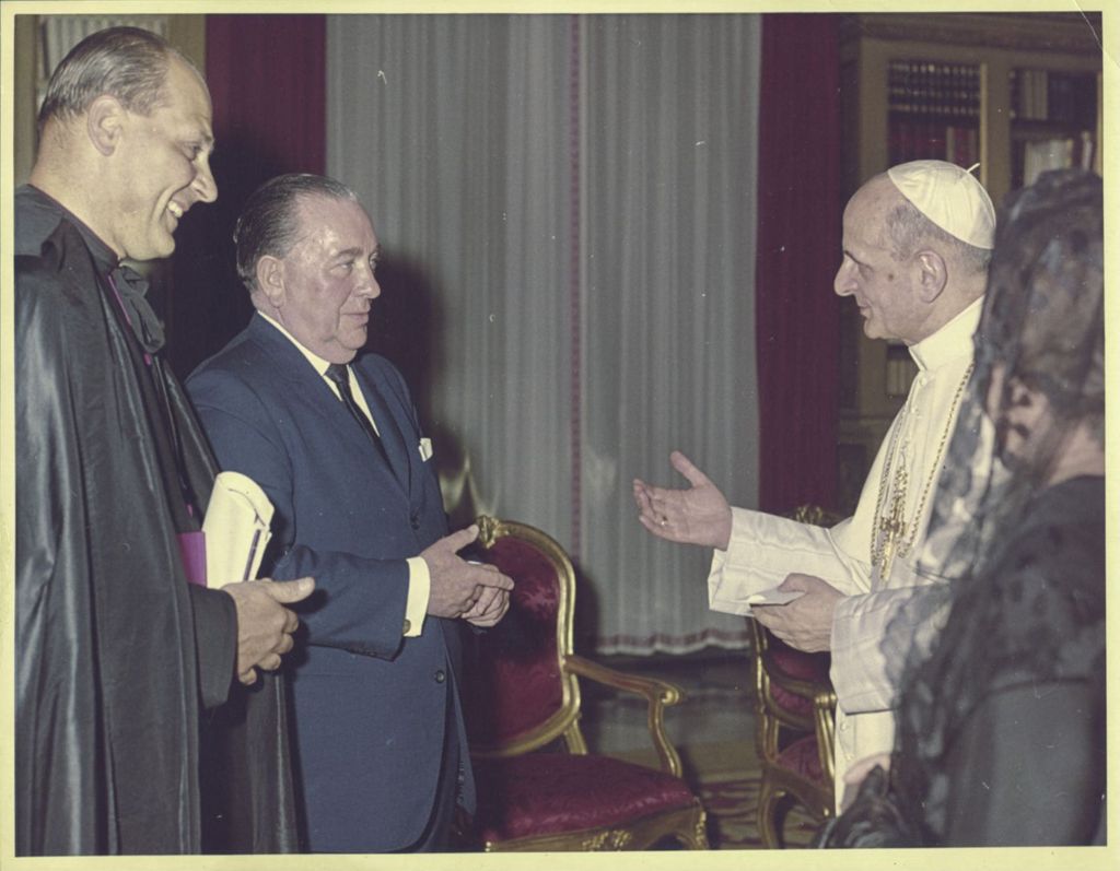 Miniature of Bishop Marcinkus, Richard J. Daley and Eleanor Daley meeting with Pope Paul VI