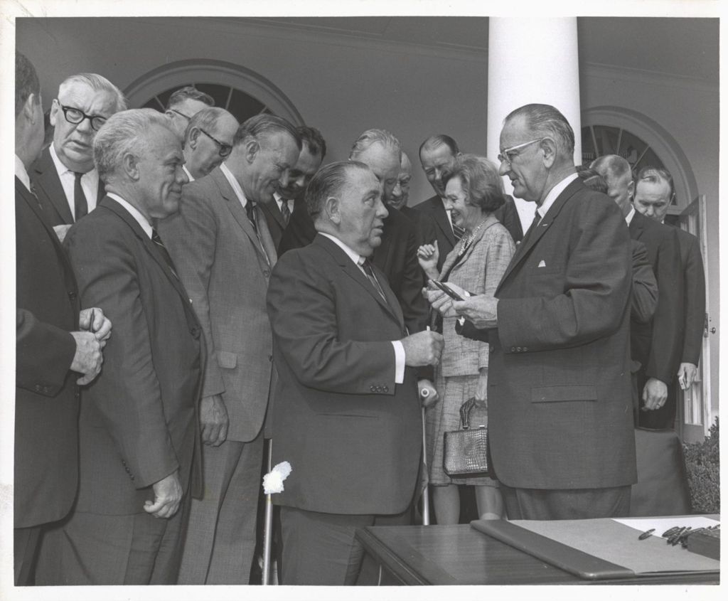 Richard J. Daley and Lyndon B. Johnson outside the White House
