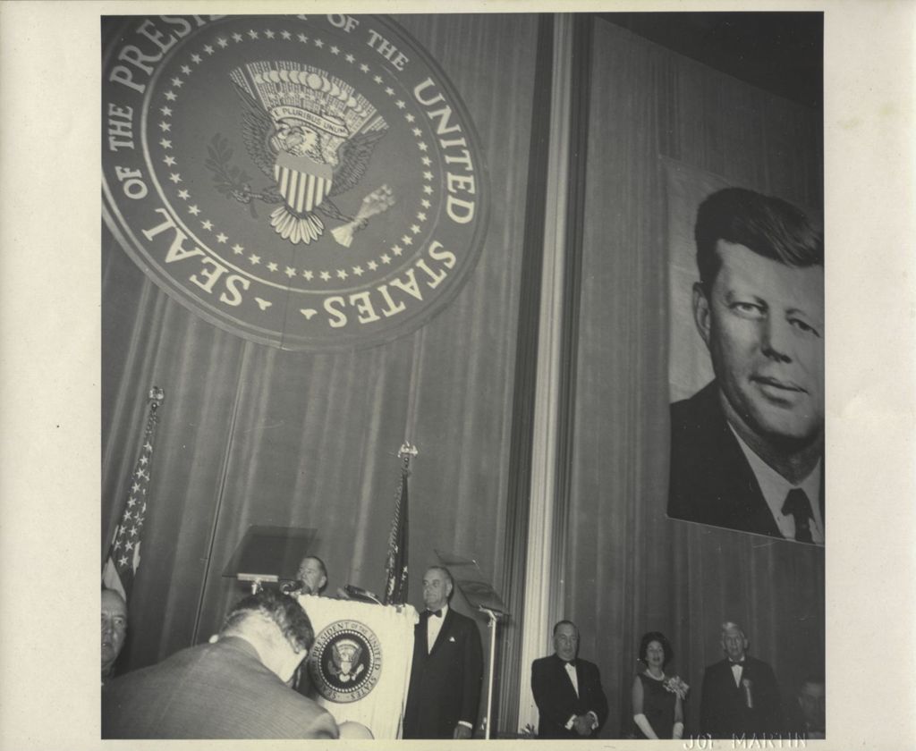 Lyndon B. Johnson at podium at Democratic Party banquet