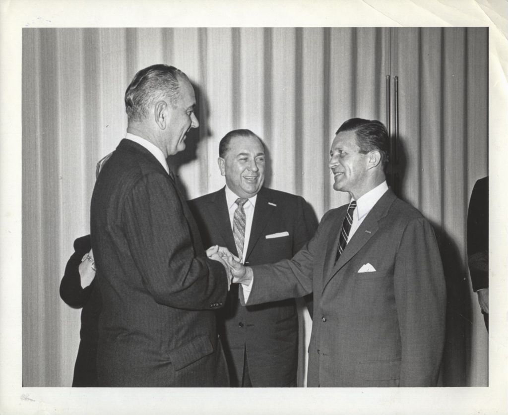 Miniature of Lyndon Johnson shaking hands with Governor Otto Kerner