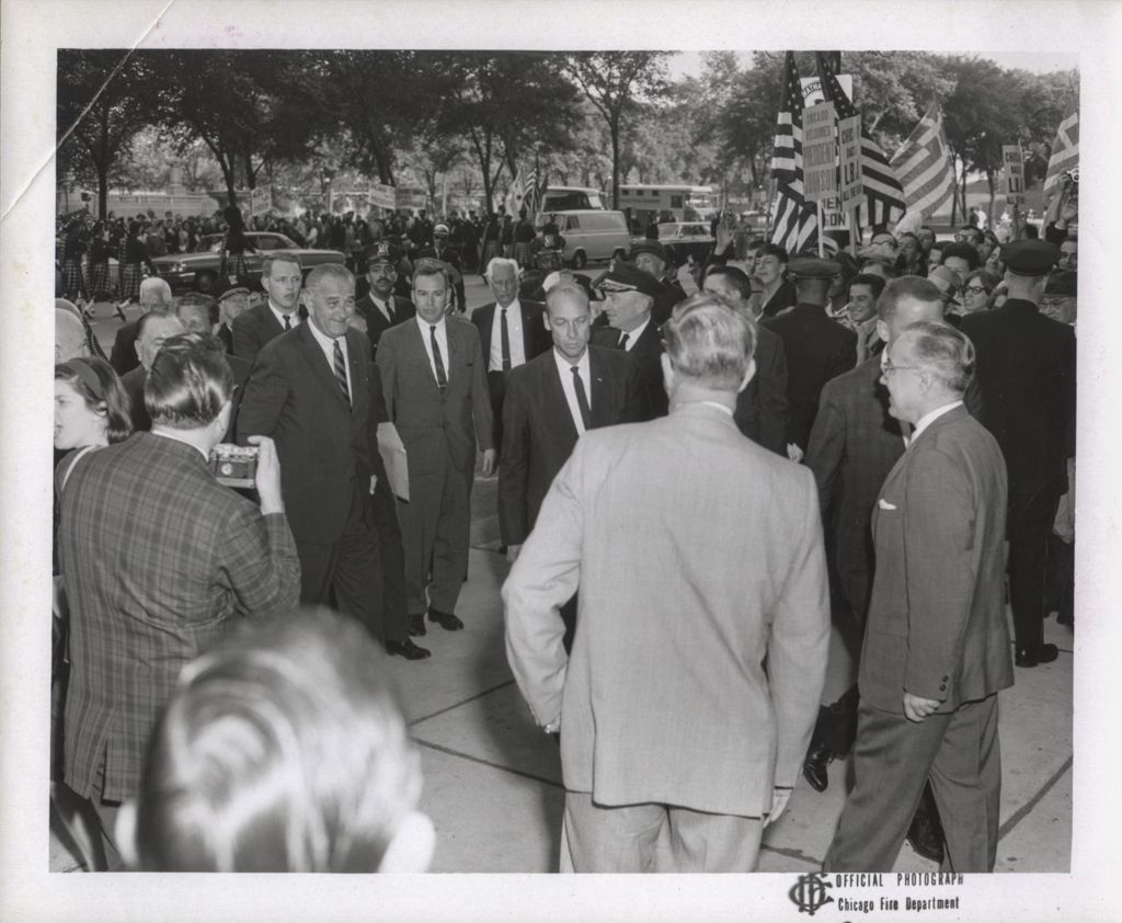 President Lyndon Johnson arriving at the Hilton Hotel in Chicago