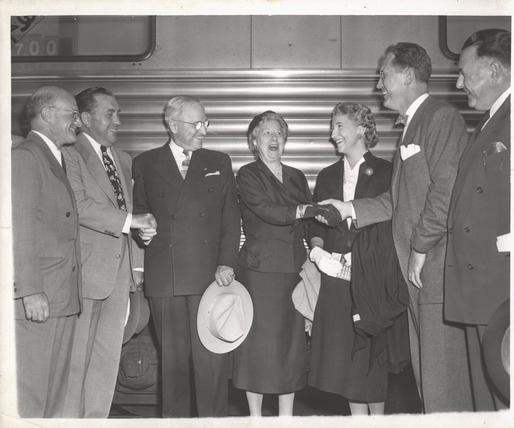 Harry S. Truman and family greeted by prominent Chicago Democrats