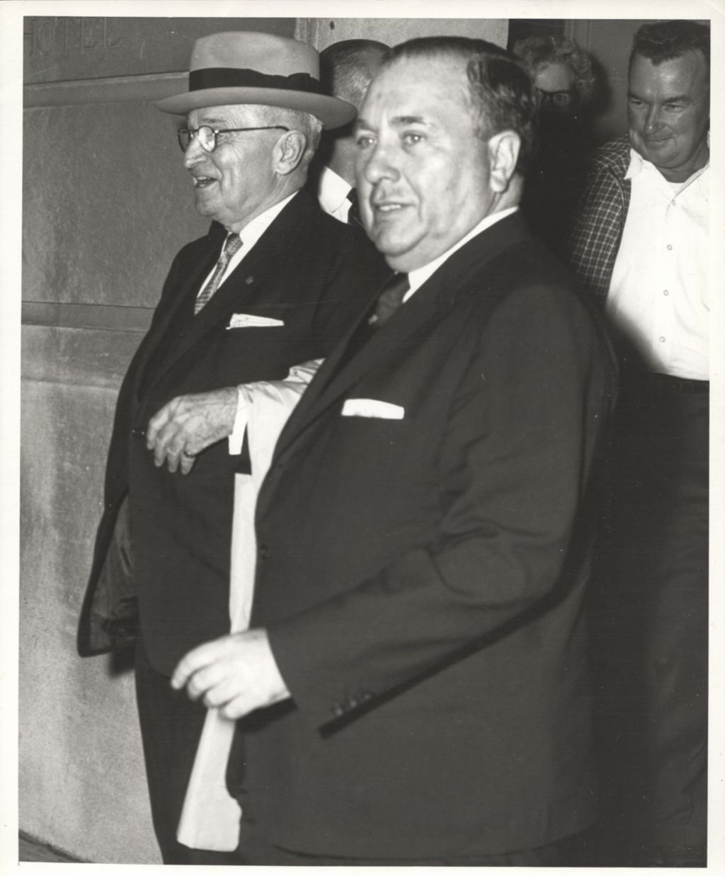 Harry S. Truman standing with Richard J. Daley