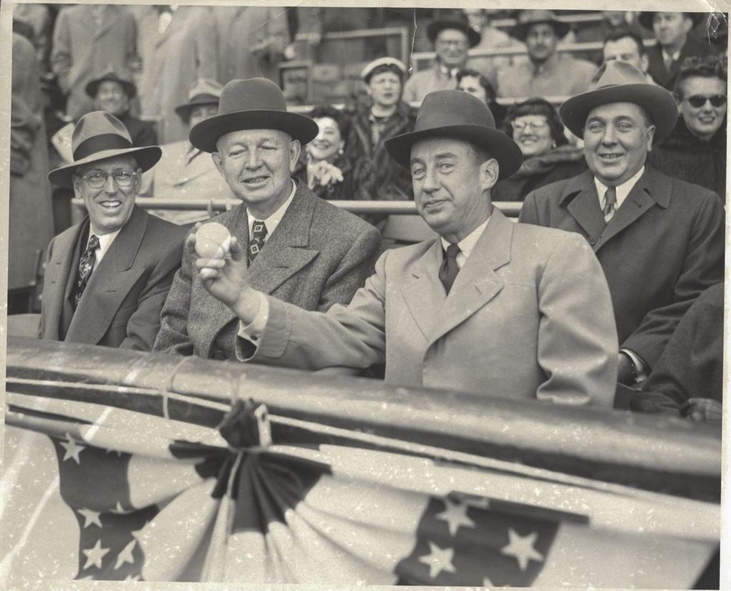 Miniature of Martin Kennelly, Adlai Stevenson II, and Richard J. Daley at a baseball game