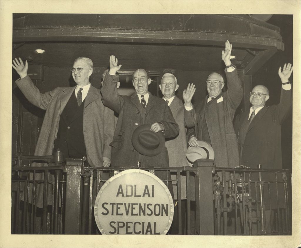 Miniature of Adlai Stevenson II waving from a rail car
