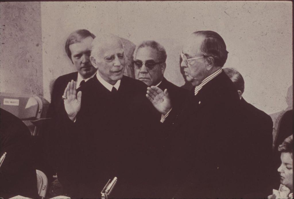 Abraham Lincoln Marovitz swears in Richard J. Daley at his sixth mayoral inauguration