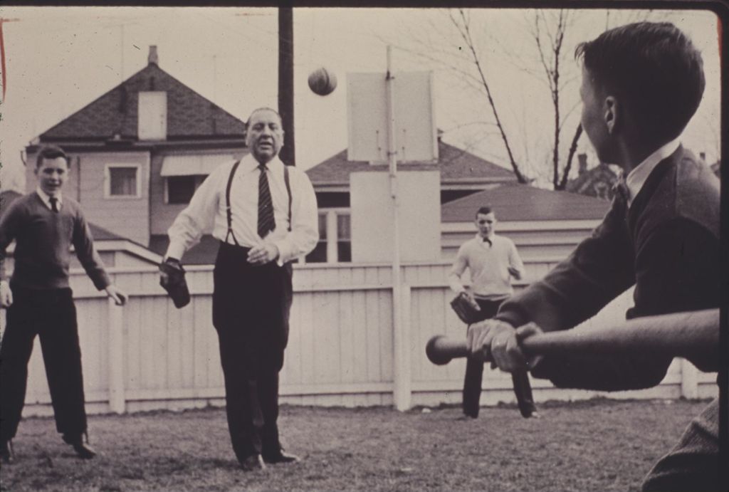 Miniature of Richard J. Daley plays baseball with his sons