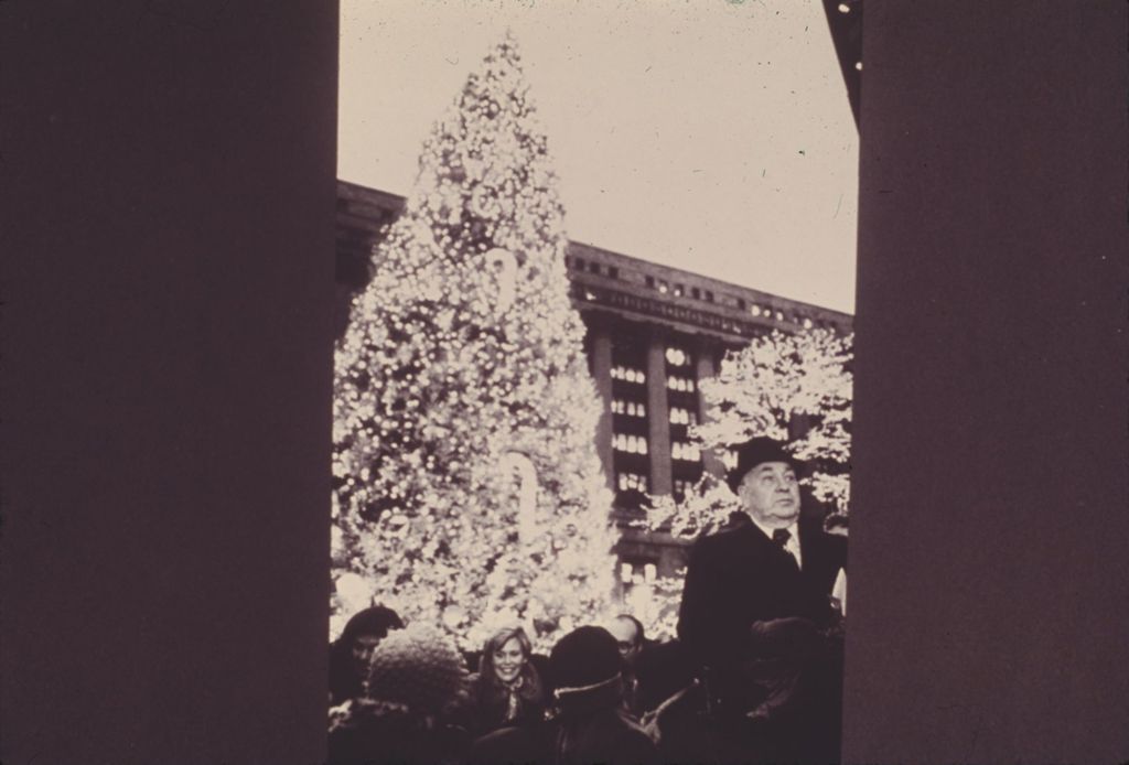 Richard J. Daley and Christmas tree in Civic Center Plaza
