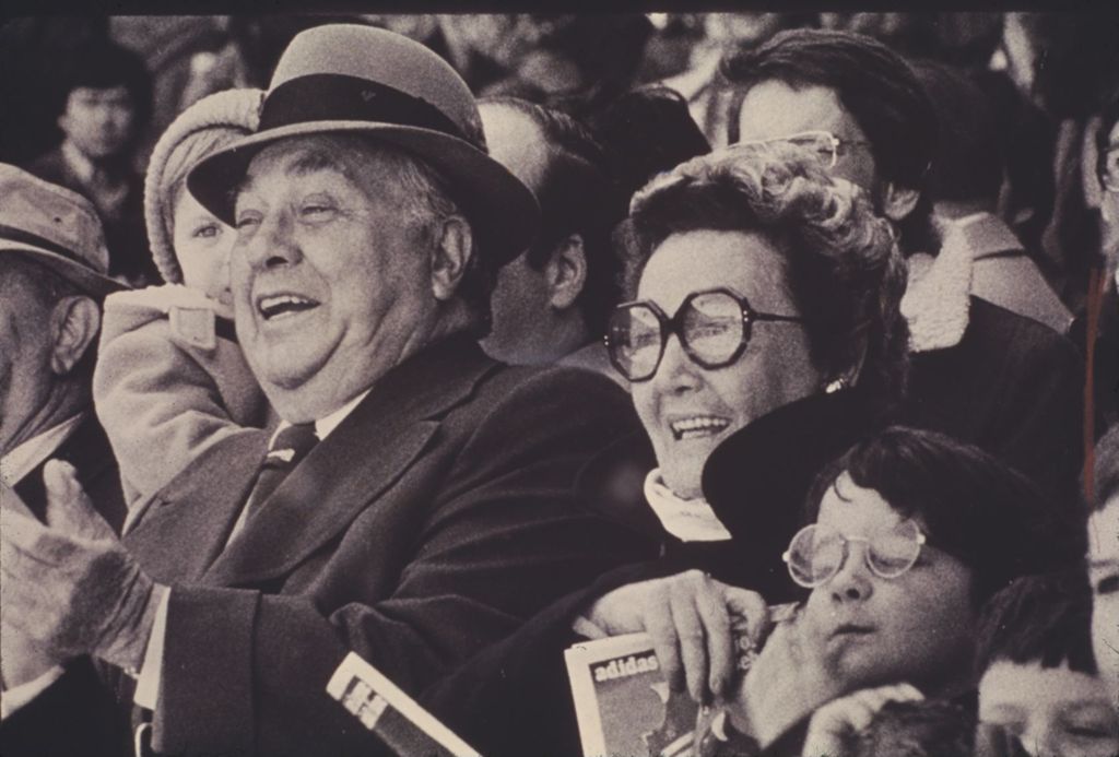 Richard J. and Eleanor Daley cheering at an event