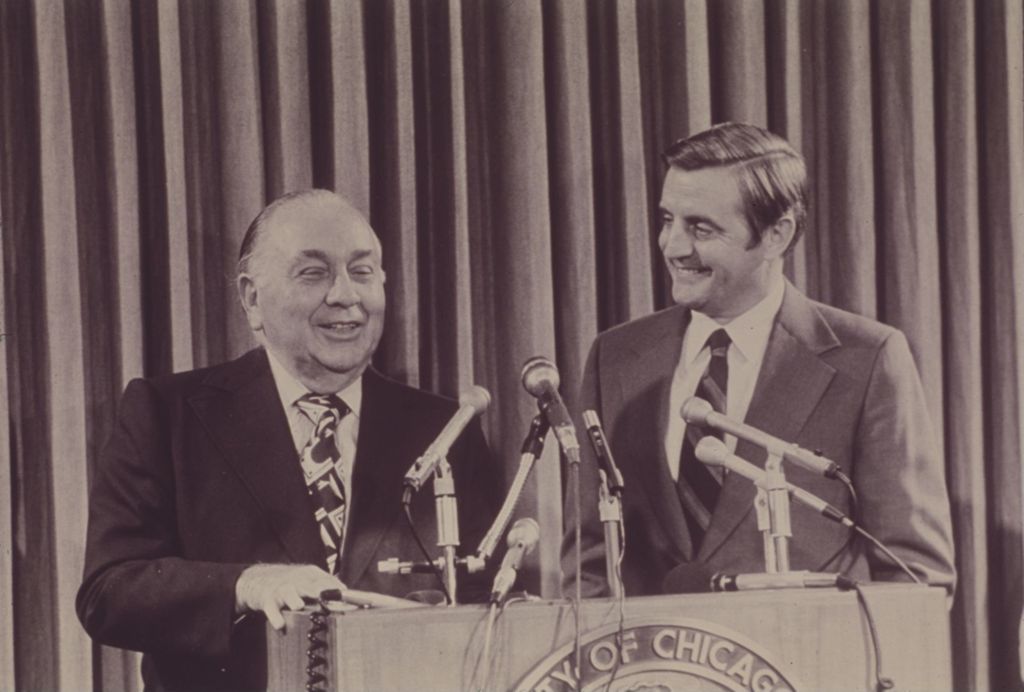 Miniature of Richard J. Daley at podium with Walter Mondale