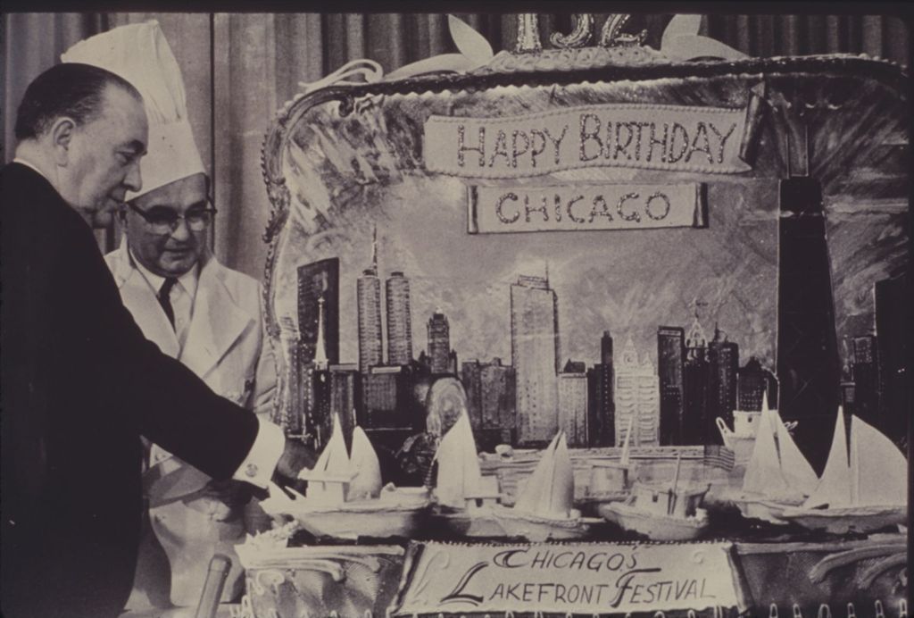 Miniature of Richard J. Daley with cake for Chicago's 132nd birthday