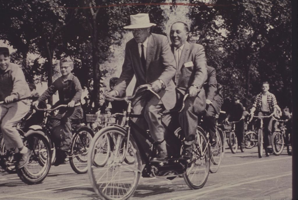 Miniature of Richard J. Daley on a tandem bicycle