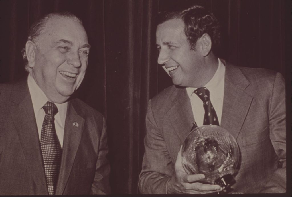 Miniature of Richard J. Daley and a man laughing