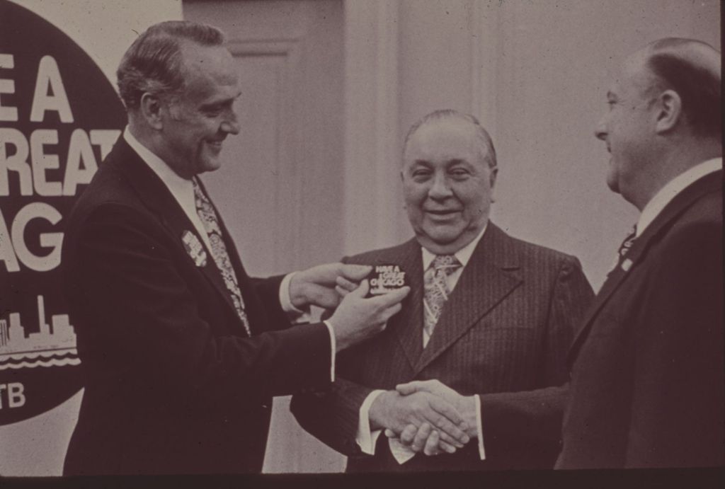Miniature of Richard J. Daley receives a "Have a Great Chicago" button