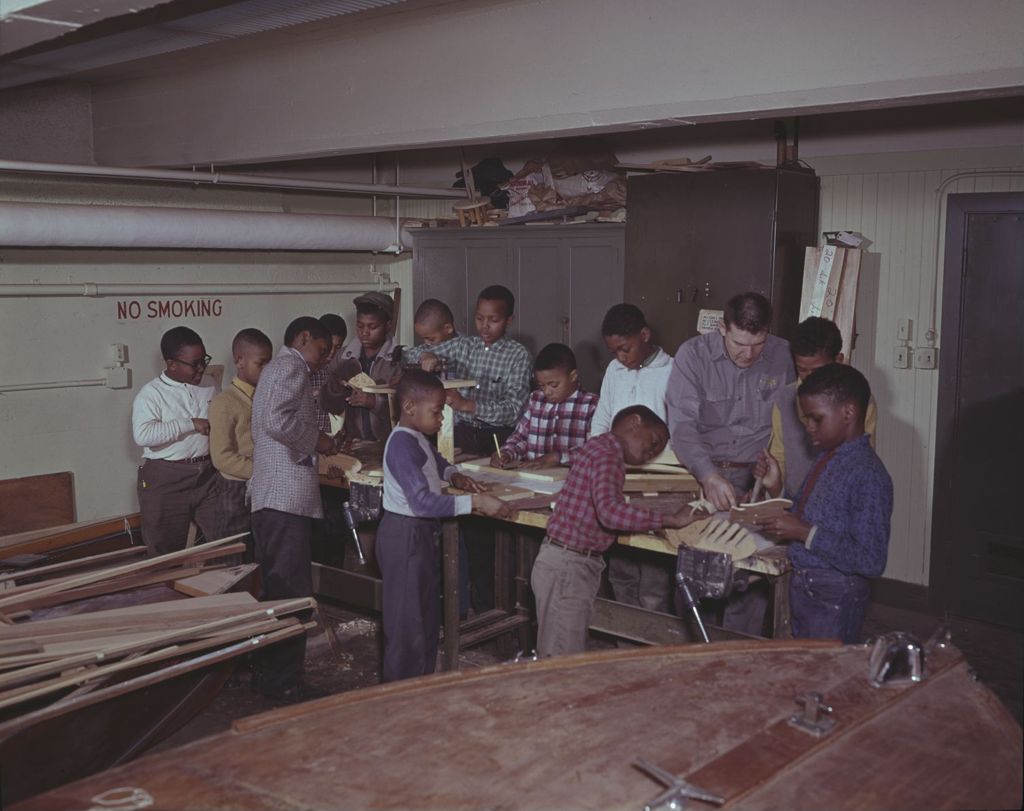 Boys in a wood shop class
