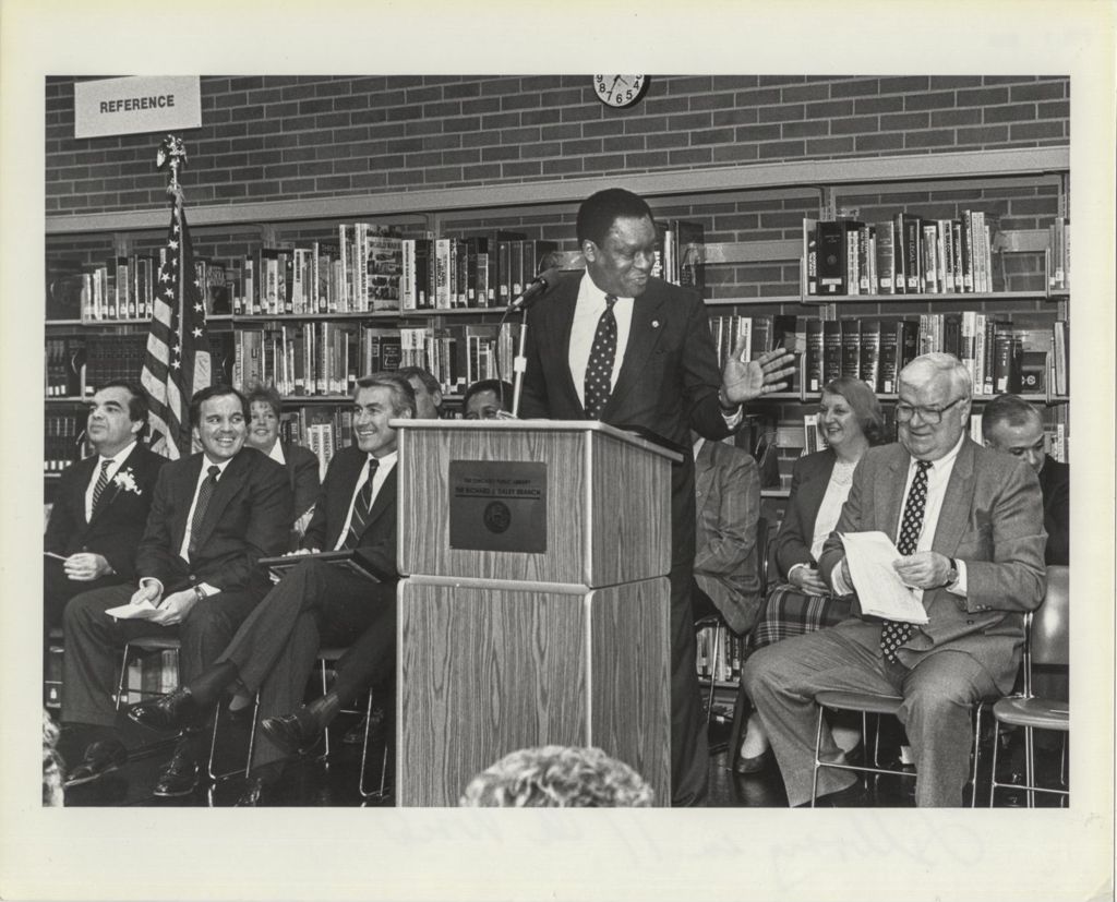 Miniature of James Compton speaking at the Richard J. Daley Branch Library dedication