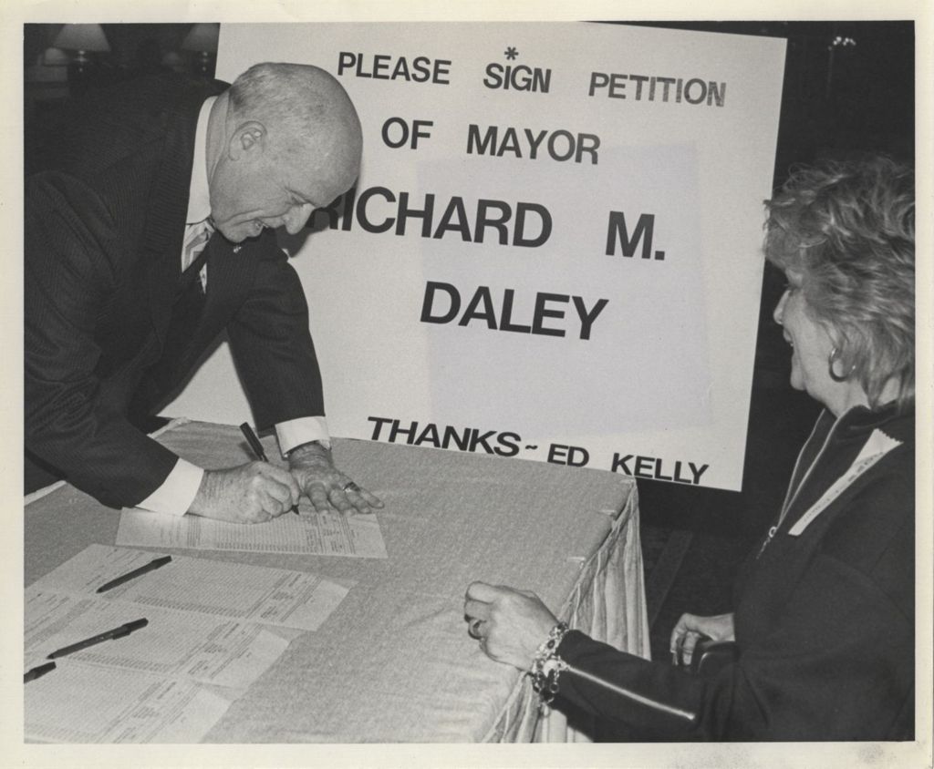 Miniature of Ed Kelly signing a Richard M. Daley election petition
