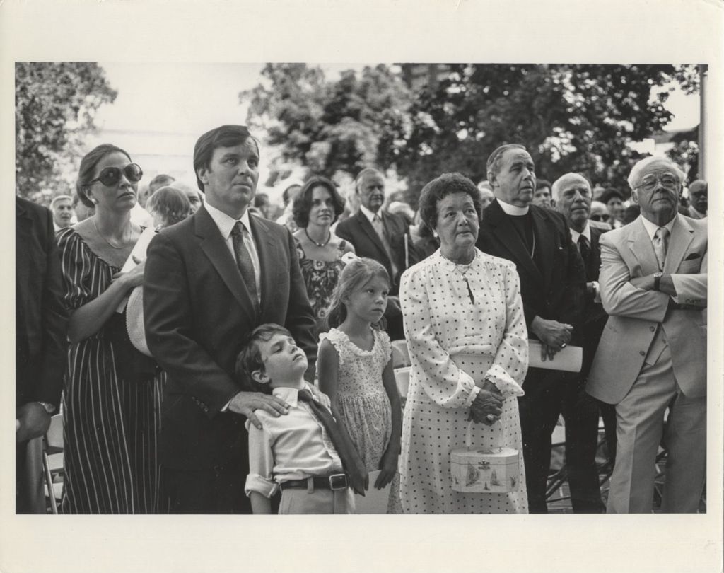 Miniature of Richard M. and Eleanor Daley listening at the Richard J. Daley statue dedication