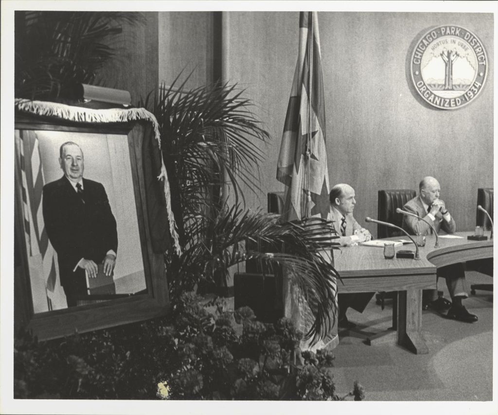 Draped portrait of Richard J. Daley displayed at a Chicago Park District meeting