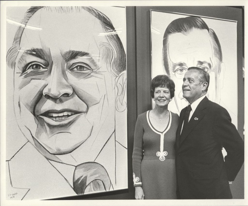 Miniature of Couple in front of a drawing of Richard J. Daley