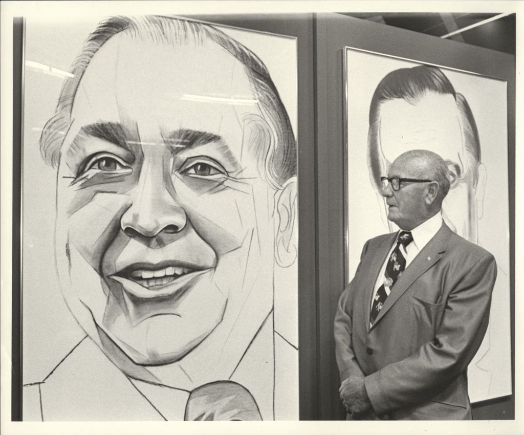 Miniature of Bob Quinn looking at drawing of Richard J. Daley