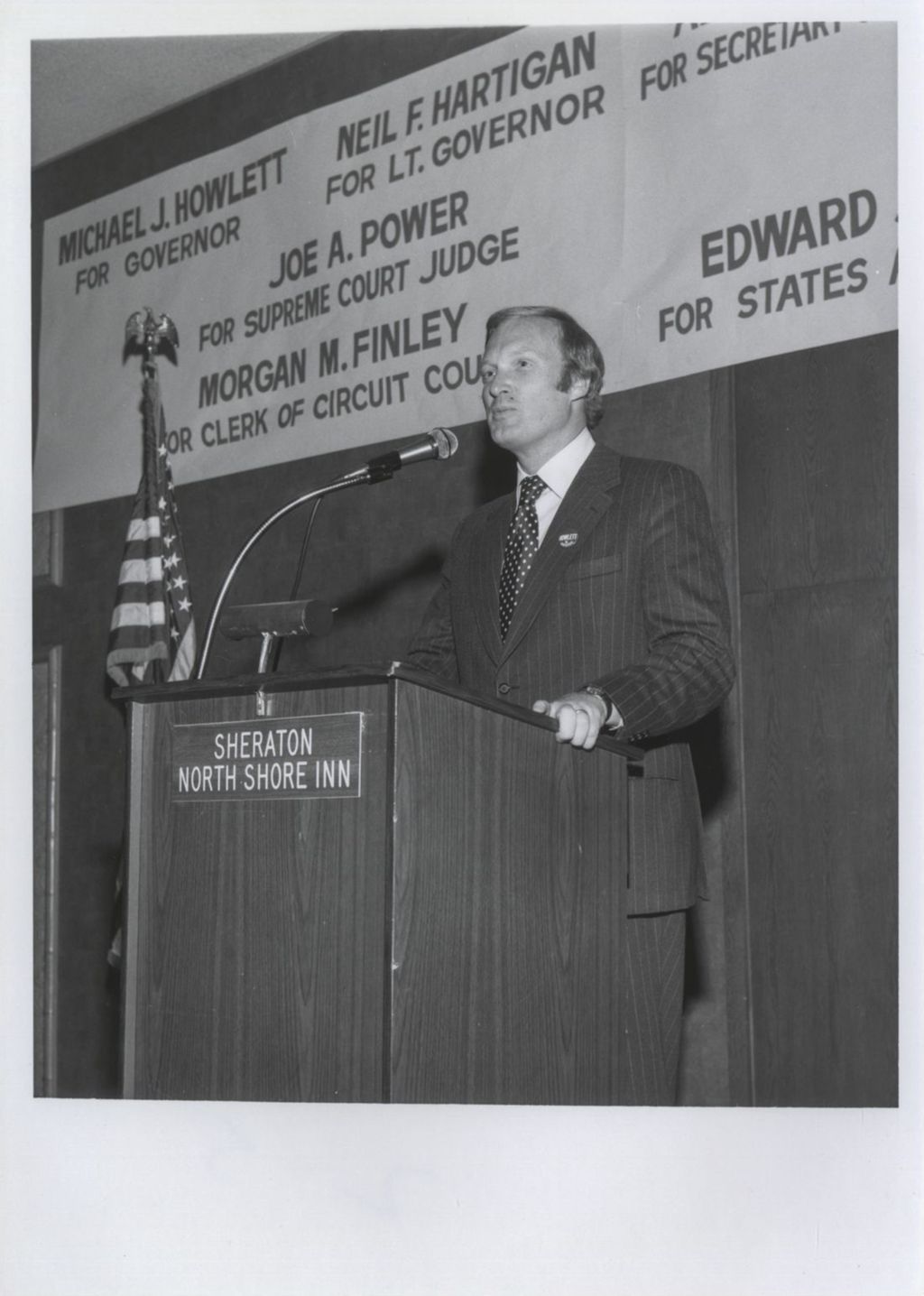 Miniature of Neil Hartigan speaking at a Democratic Club of Winnetka event